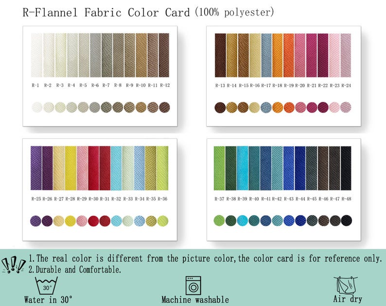 May include: An R-Flannel Fabric Color Card featuring 48 distinct 100% polyester fabric swatches arranged in four grids, each labeled with codes R-1 through R-48. Includes care icons for 30-degree water washing, machine washing, and air drying.