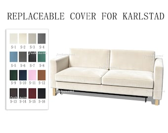 May include: A beige sofa with a replaceable cover for Karlstad, featuring a colour swatch chart with sixteen numbered fabric options ranging from light neutrals to dark tones, including blue, green, pink, brown, and black shades.