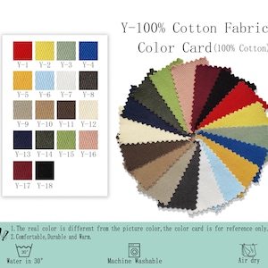 May include: A Y-100% Cotton Fabric Color Card featuring eighteen numbered fabric swatches in a grid and a circular fan display of the same colors. Text includes Y-100% Cotton Fabric Color Card, washing instructions, and care icons for 30 degree water.