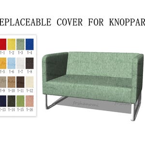 May include: A green fabric sofa with a metal frame. The sofa is a two-seater and has a simple design. The image also shows a color chart with 16 different fabric options for the sofa cover. The text "REPLACEABLE COVER FOR KNOPPARP" is at the top of the image.