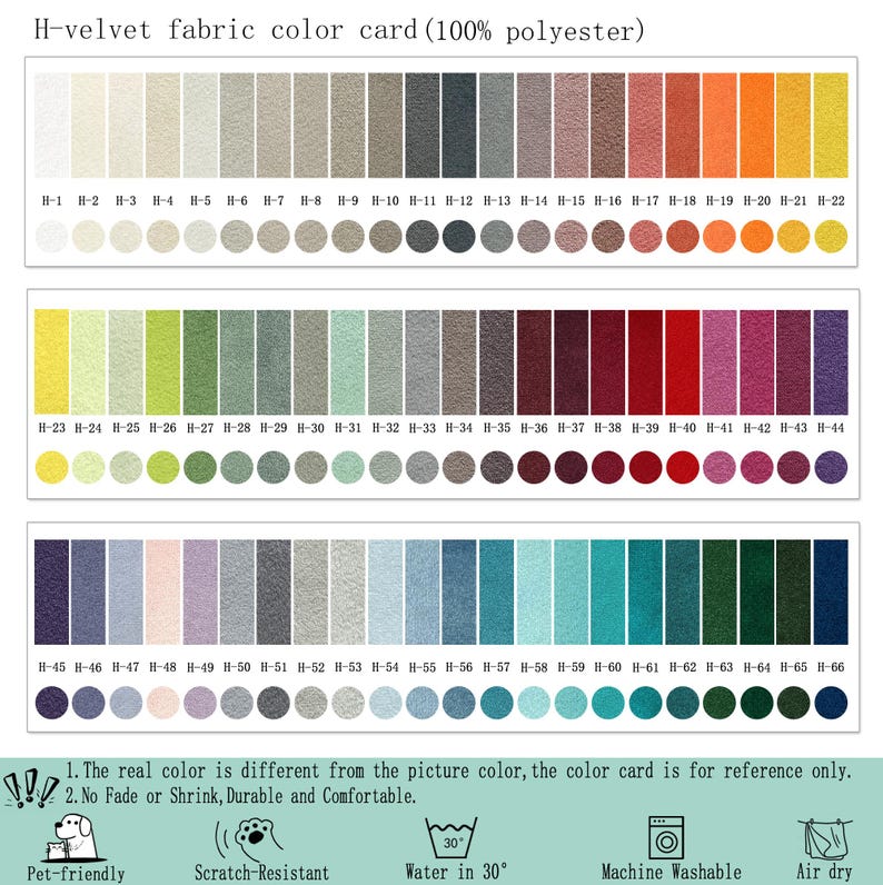 May include: An H-velvet fabric color card made of 100% polyester, featuring 66 numbered rectangular swatches and corresponding circular samples in a wide spectrum of colors. Includes text labels, care icons for pet-friendly, scratch-resistant, and washing instructions.