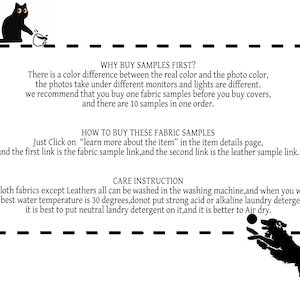 May include: A rectangular informational graphic with a dashed border, featuring a black cat illustration at the top left and a black dog illustration at the bottom right. The text provides instructions on buying fabric samples and care.