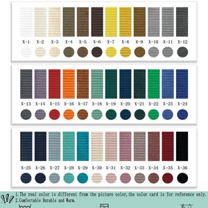 May include: A color card for X-Fine Corduroy fabric made of 100% polyester, featuring 36 distinct color swatches labeled X-1 through X-36. Each swatch includes a rectangular fabric sample and a circular color dot for reference and comparison.