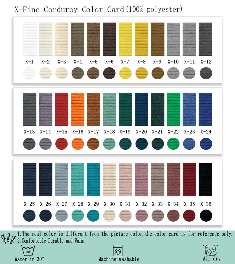 May include: A color card for X-Fine Corduroy fabric made of 100% polyester, featuring 36 distinct color swatches labeled X-1 through X-36. Each swatch includes a rectangular fabric sample and a circular color dot for reference and comparison.