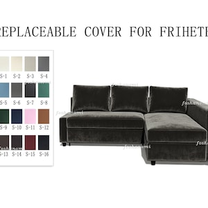 May include: A dark gray velvet sectional sofa with a chaise lounge and three back cushions. The text REPLACEABLE COVER FOR FRIHETEN appears above. A color swatch chart displays sixteen numbered fabric options in various shades and textures.