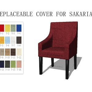 May include: A red armchair with black legs and a replaceable cover. The image shows a color chart with 16 different fabric options for the cover.