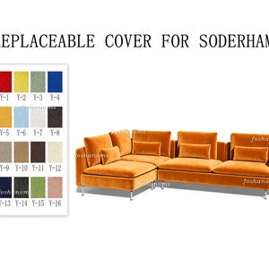 May include: A sectional sofa with orange velvet upholstery and matching rectangular throw pillows, featuring thin metal legs. To the left, a color swatch chart displays sixteen fabric options labeled Y-1 through Y-16. Text reads: REPLACEABLE COVER FOR SODERHAMN.