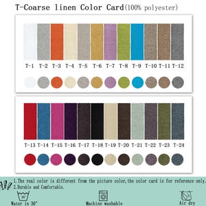 May include: A T-Coarse linen color card made of 100% polyester, featuring 24 fabric swatches labeled T-1 through T-24. Each color is displayed as a vertical rectangular strip and a circular sample. Includes care instructions for washing.