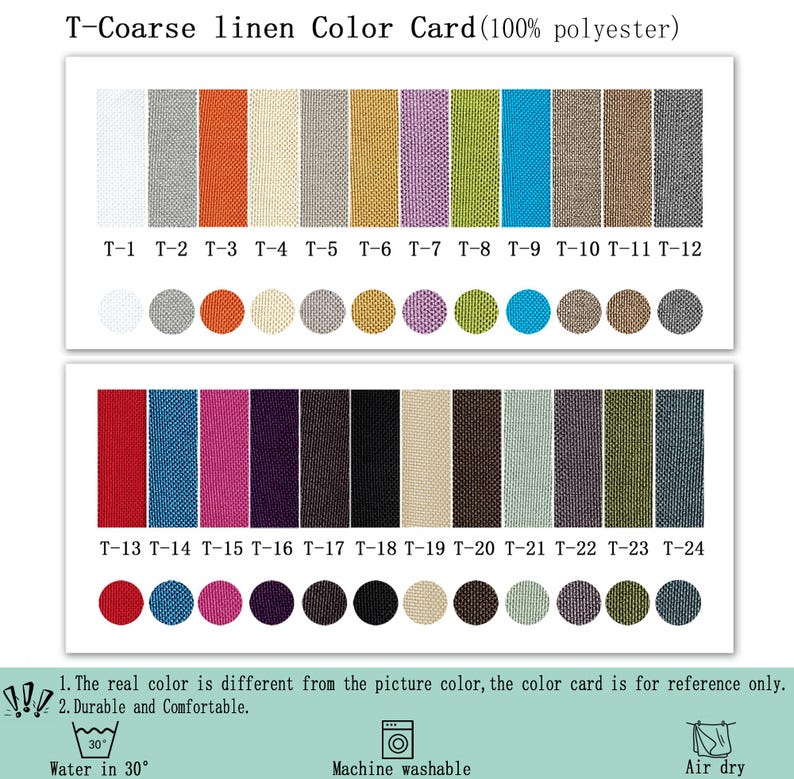 May include: A T-Coarse linen color card made of 100% polyester, featuring 24 fabric swatches labeled T-1 through T-24. Each color is displayed as a vertical rectangular strip and a circular sample. Includes care instructions for washing.