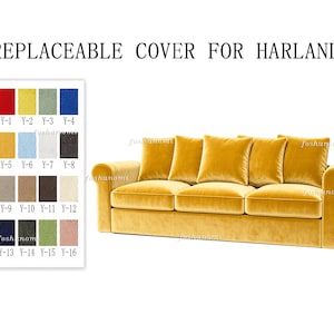 May include: A yellow velvet sofa with three seat cushions and five back cushions. Above the sofa, the text reads REPLACEABLE COVER FOR HARLANDA. To the left, a color swatch chart displays sixteen fabric options labeled Y-1 through Y-16.