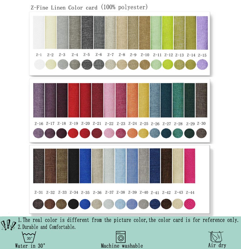 May include: A Z-Fine Linen color card featuring 44 fabric swatches made of 100% polyester. The display includes vertical strips and circular samples labeled Z-1 through Z-44, showcasing a wide spectrum of colors including neutrals, brights, and darks.