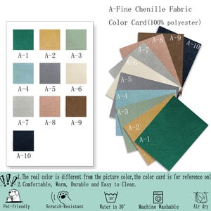 May include: A-Fine Chenille Fabric Color Card (100% polyester) displaying ten fabric swatches labeled A-1 through A-10 in various colors including green, yellow, light green, blue, gray, cream, light pink, brown, and dark blue, with care icons.