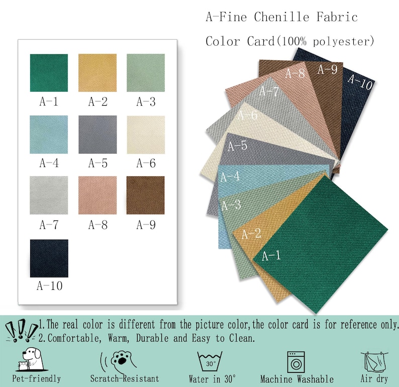 May include: A-Fine Chenille Fabric Color Card (100% polyester) displaying ten fabric swatches labeled A-1 through A-10 in various colors including green, yellow, light green, blue, gray, cream, light pink, brown, and dark blue, with care icons.