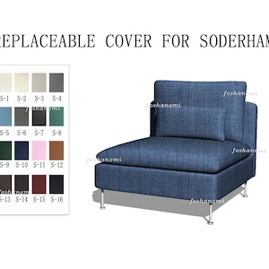 May include: A blue fabric replaceable cover for a Soderhamn chair, featuring a textured weave. To the left, a color swatch chart displays sixteen numbered options ranging from light neutrals to dark tones, including blue, green, pink, and brown.
