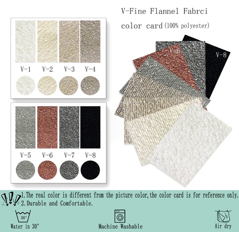 May include: A V-Fine Flannel Fabric color card made of 100% polyester, featuring eight textured swatches labeled V-1 through V-8 in white, cream, beige, gray, rust, and black. Includes care instructions for machine washing in 30-degree water.