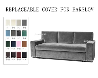 May include: A grey velvet sofa with a rectangular frame and three back cushions. The text "REPLACEABLE COVER FOR BARSLOV" appears above the sofa. A color swatch chart displays sixteen numbered fabric options in various shades and textures.