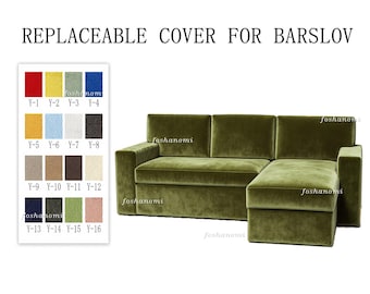May include: A replaceable olive green velvet sofa cover for a BARSLOV model, featuring a color swatch chart with sixteen numbered fabric options ranging from red and yellow to blue, white, black, and various neutral tones.