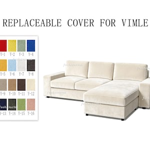 May include: A beige sectional sofa with a chaise lounge and a replaceable cover. The text REPLACEABLE COVER FOR VIMLE appears above. A color swatch chart displays sixteen fabric options labeled Y-1 through Y-16 in various solid colors.