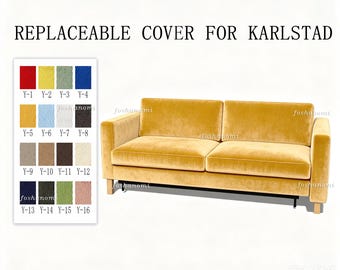 May include: A yellow velvet sofa with a replaceable cover, featuring a rectangular frame and light-coloured wooden legs. To the left, a colour swatch chart displays sixteen fabric options labelled Y-1 through Y-16. Text reads: REPLACEABLE COVER FOR KARLSTAD.