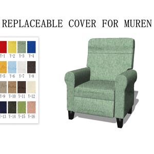 Könnte beinhalten: Ein grüner Stoff-Relaxsessel mit einem austauschbaren Bezug. Das Bild zeigt eine Farbkarte mit 16 verschiedenen Stoffoptionen für den Bezug.