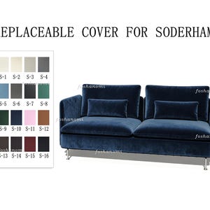 May include: A navy blue velvet sofa with two back cushions and two small rectangular throw pillows, supported by thin metal legs. To the left, a color swatch chart displays sixteen fabric options labeled S-1 through S-16. Text reads: REPLACEABLE COVER FOR SODERHAMN.