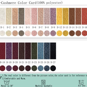 May include: A D-Cashmere color card featuring 100% polyester fabric swatches in various shades. The card displays rectangular and circular samples labeled D-1 through D-27. Text includes care instructions for 30-degree water, machine washing, and air drying.