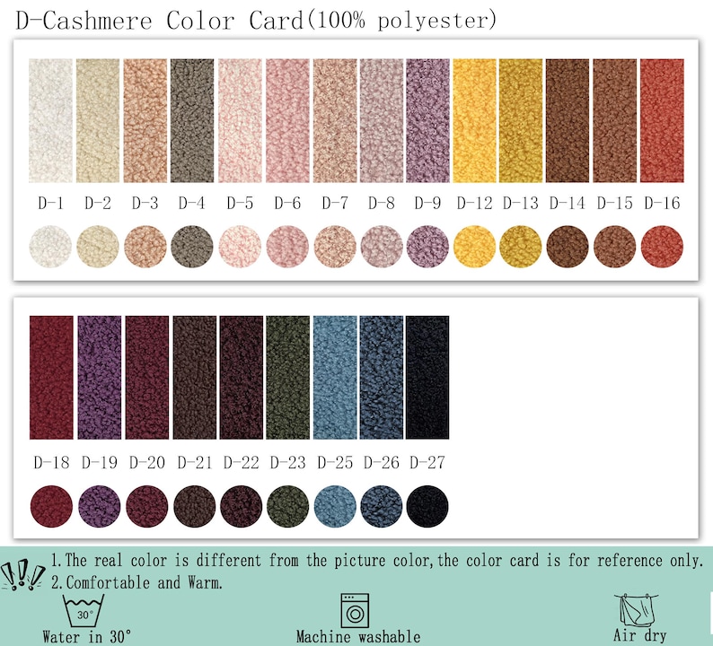 May include: A D-Cashmere color card featuring 100% polyester fabric swatches in various shades. The card displays rectangular and circular samples labeled D-1 through D-27. Text includes care instructions for 30-degree water, machine washing, and air drying.