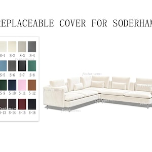 May include: A replaceable cover for a Soderhamn sectional sofa, featuring a large L-shaped cream-colored sofa and a color swatch chart with sixteen numbered fabric options in various shades including blue, green, pink, brown, and gray.