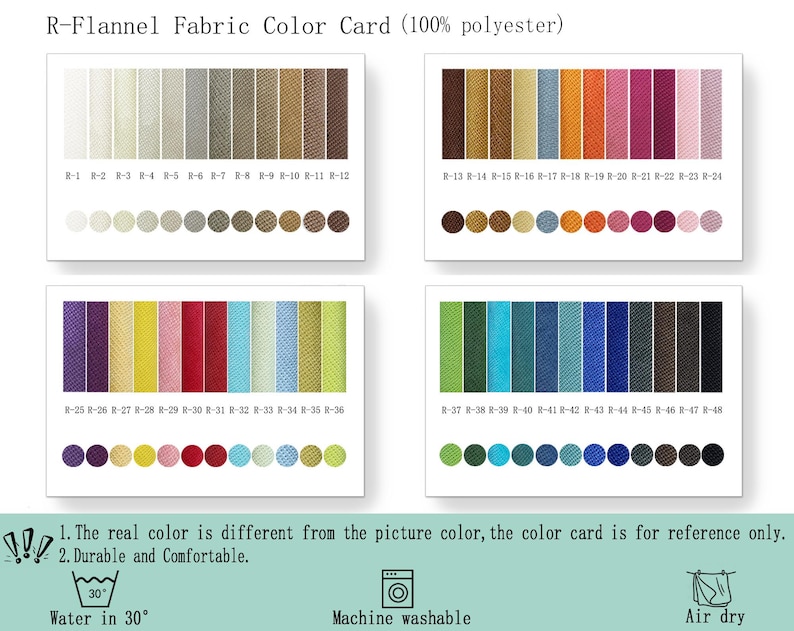 May include: An R-Flannel Fabric Color Card featuring 48 distinct 100% polyester fabric swatches arranged in four grids, each labeled with codes R-1 through R-48. Includes care icons for 30-degree water washing, machine washing, and air drying.