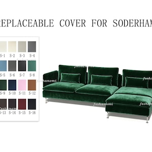 Può includere: Un rivestimento in velluto sostituibile per divano Soderhamn in colore verde smeraldo intenso. Il set include coperture per le sezioni principali del divano e cuscini rettangolari abbinati. Una tabella di campioni mostra sedici opzioni di tessuto.