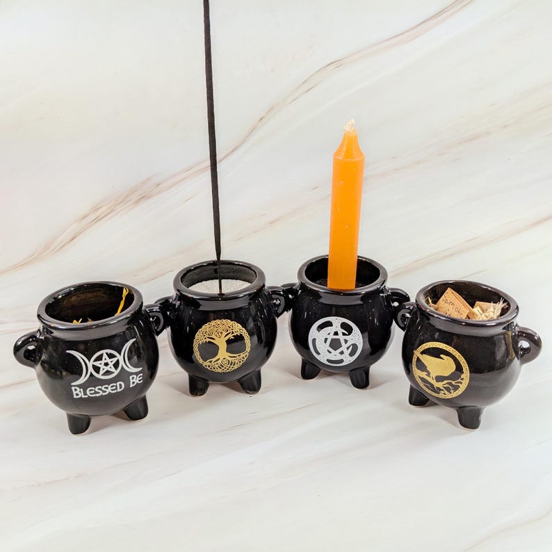 Mini Altar Cauldron | Black Ceramic Cauldron With Symbol for Candles ...