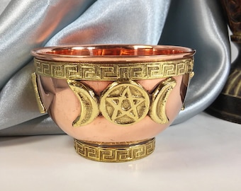 Altar bowl, offering bowl or incense burner, copper with triple moon pentacle symbol, 3" diameter, #20481