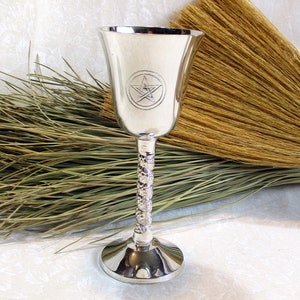 Altar chalice with pentacle design, 4.75 inches tall, silver plated, choice of engraved or etched symbol