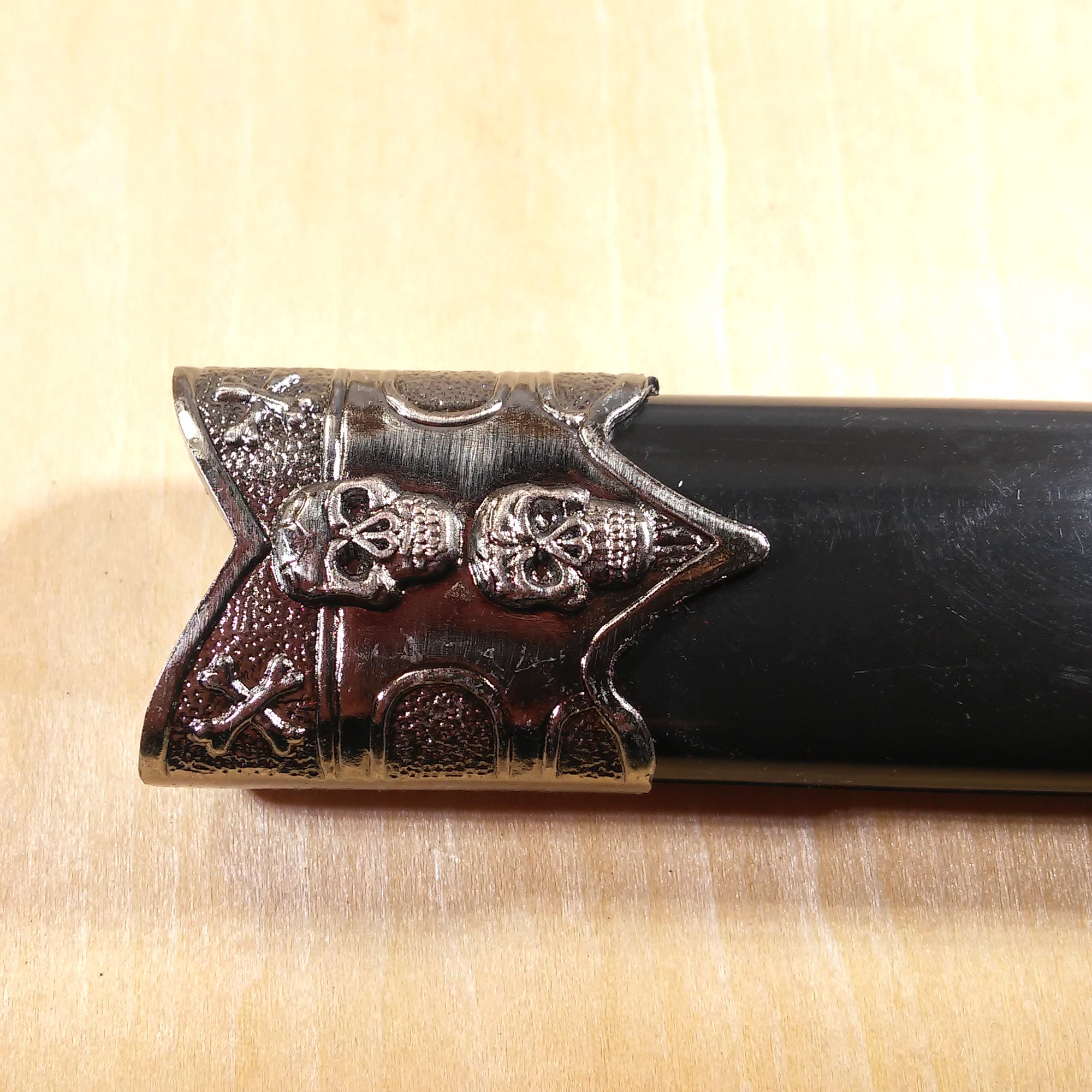 Black altar athame, adorned with skulls, matching sheath, ritual dagger with antique silver finish, 12-1/2" #20368