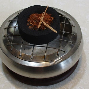 Incense burner for charcoal, for resin incense, cones and stick incense, 3&quot; diameter, includes wood coaster,  #11171