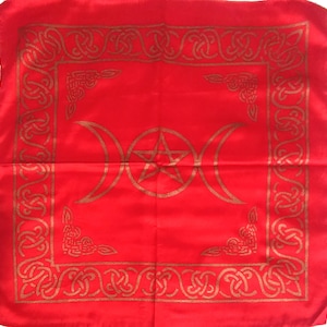 Red satin altar cloth with gold triple moon and pentacle, handmade tarot reading cloth, Wiccan ritual mat for witchcraft altar decor, #20212