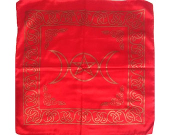 Red satin altar cloth with gold triple moon and pentacle, handmade tarot reading cloth, Wiccan ritual mat for witchcraft altar decor, #20212