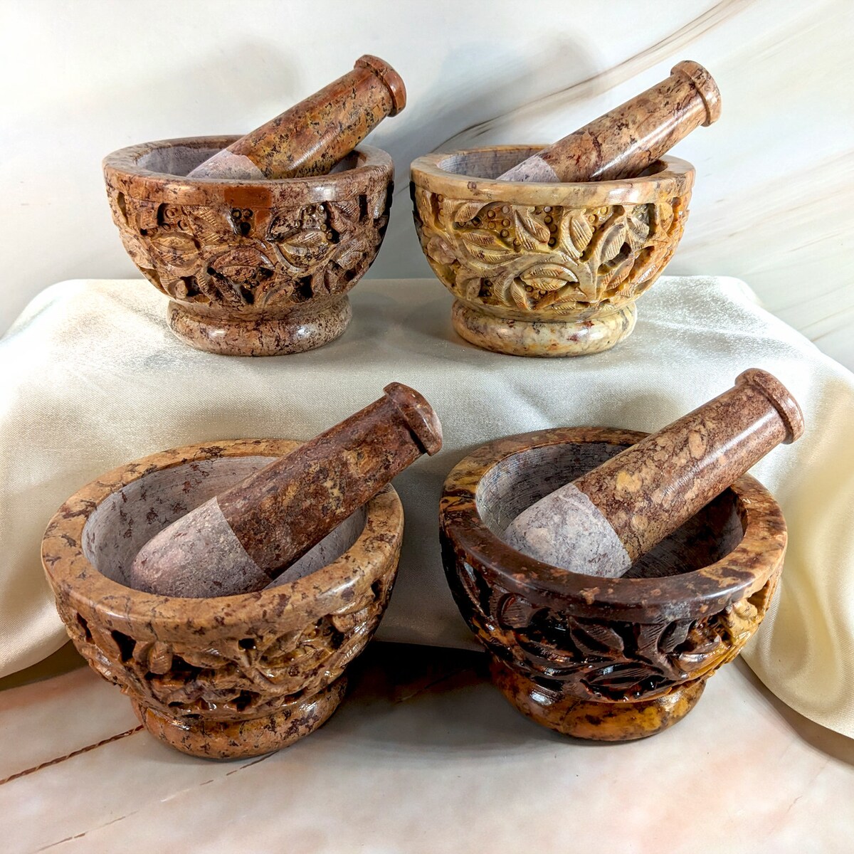 Mortar and Pestle, Spice and Herb Grinder, Soapstone Carved With Flower Design, 4" Diameter, #20365 - Etsy