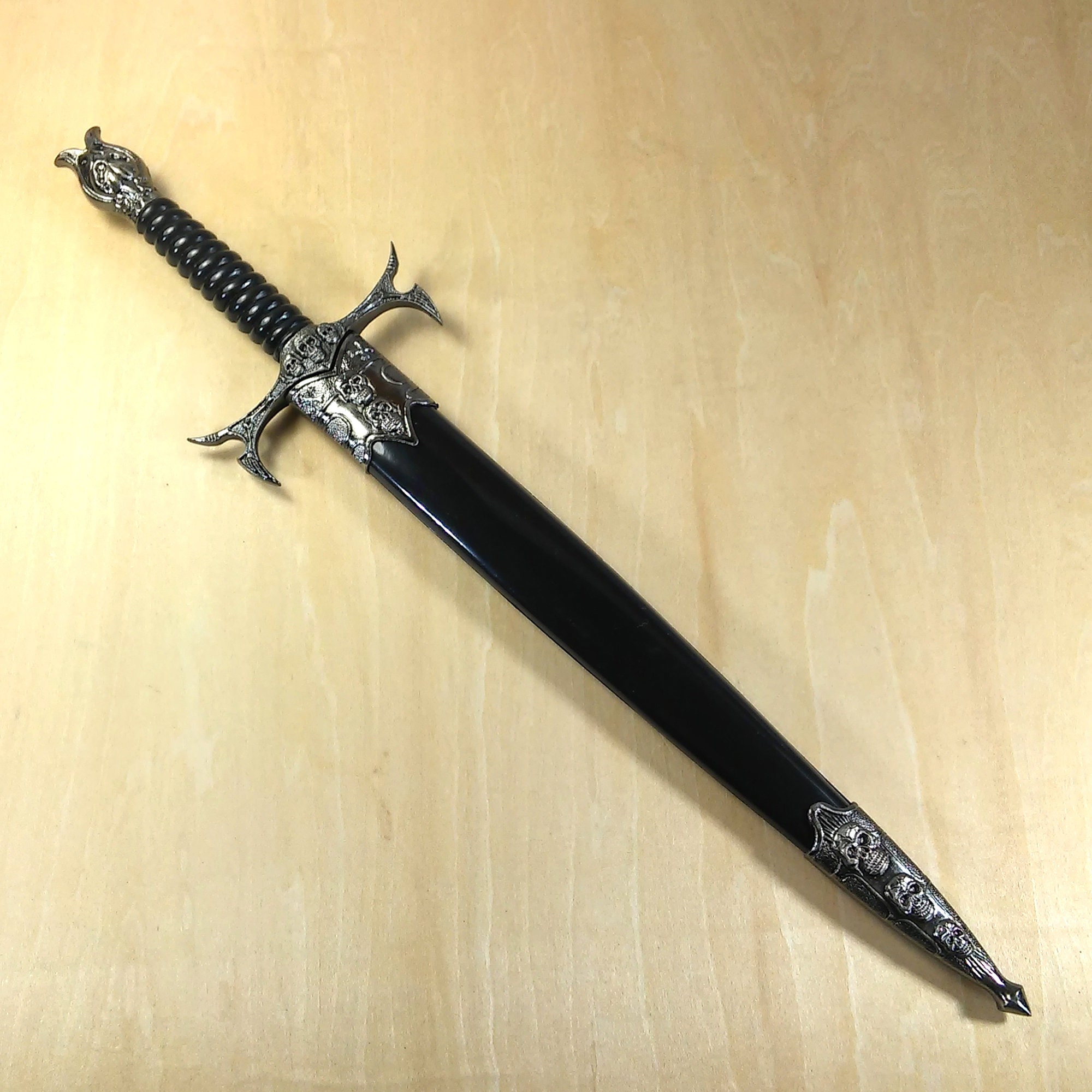 Black altar athame, adorned with skulls, matching sheath, ritual dagger with antique silver finish, 12-1/2" #20368