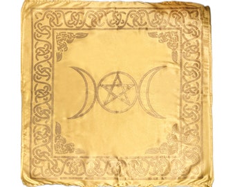 Altar cloth, tarot cloth, gold satin with triple moon print, 20" x 20", #20853