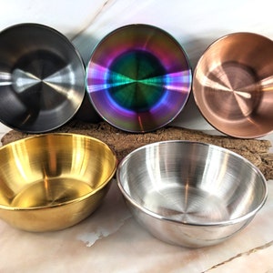 Altar bowl, offering bowl or smudge bowl for loose herbs and resin incense for ritual, stainless steel, 3-1/4", four colors