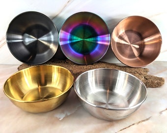Altar bowl, offering bowl or smudge bowl for loose herbs and resin incense for ritual, stainless steel, 3-1/4", four colors