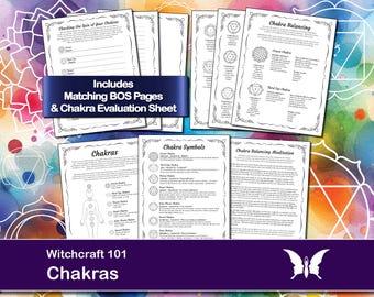 Pode incluir: Folhas de trabalho imprimíveis para aprender sobre chakras. As folhas de trabalho incluem informações sobre o equilíbrio dos chakras, os símbolos e a meditação. O texto "Includes Matching BOS Pages & Chakra Evaluation Sheet" está incluído na imagem.