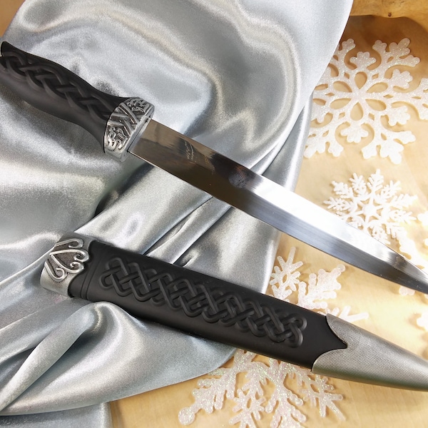10-1/2" Athame, black handled ritual dagger with embossed Celtic knots and antiqued silver metal accents, stainless steel blade #20381