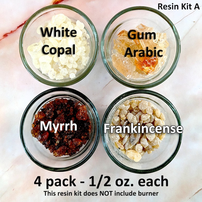 May include: A set of four small glass jars, each containing a different type of resin. The jars are labelled "White Copal", "Gum Arabic", "Myrrh", and "Frankincense". The text "Resin Kit A" and "4 pack - 1/2 oz. each" is also visible. This resin kit does NOT include burner.