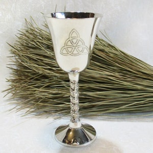 Altar chalice with triquetra design, 4.75 inches tall, silver plated, silver plated, choice of engraved or etched symbol