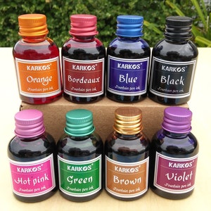 Colored ink, calligraphy ink for use with quill pen or glass dip pen, 30ml bottle (approx 1 oz), 8 colors