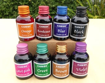 Colored ink, calligraphy ink for use with quill pen or glass dip pen, 30ml bottle (approx 1 oz), 8 colors