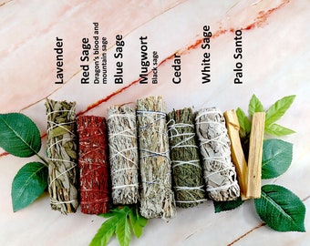 Smudge kit with white sage, red sage, lavender, cedar, mugwort, blue sage, yerba santa, palo santo, desert sage and more