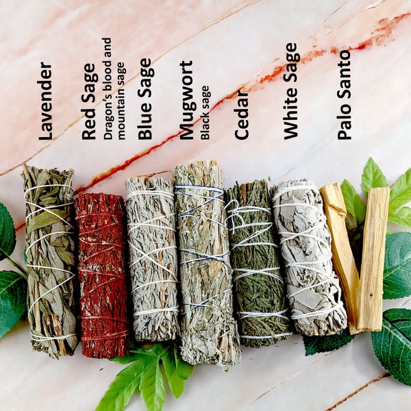 Smudge kit with white sage, red sage, lavender, cedar, mugwort, blue sage, yerba santa, palo santo, desert sage and more